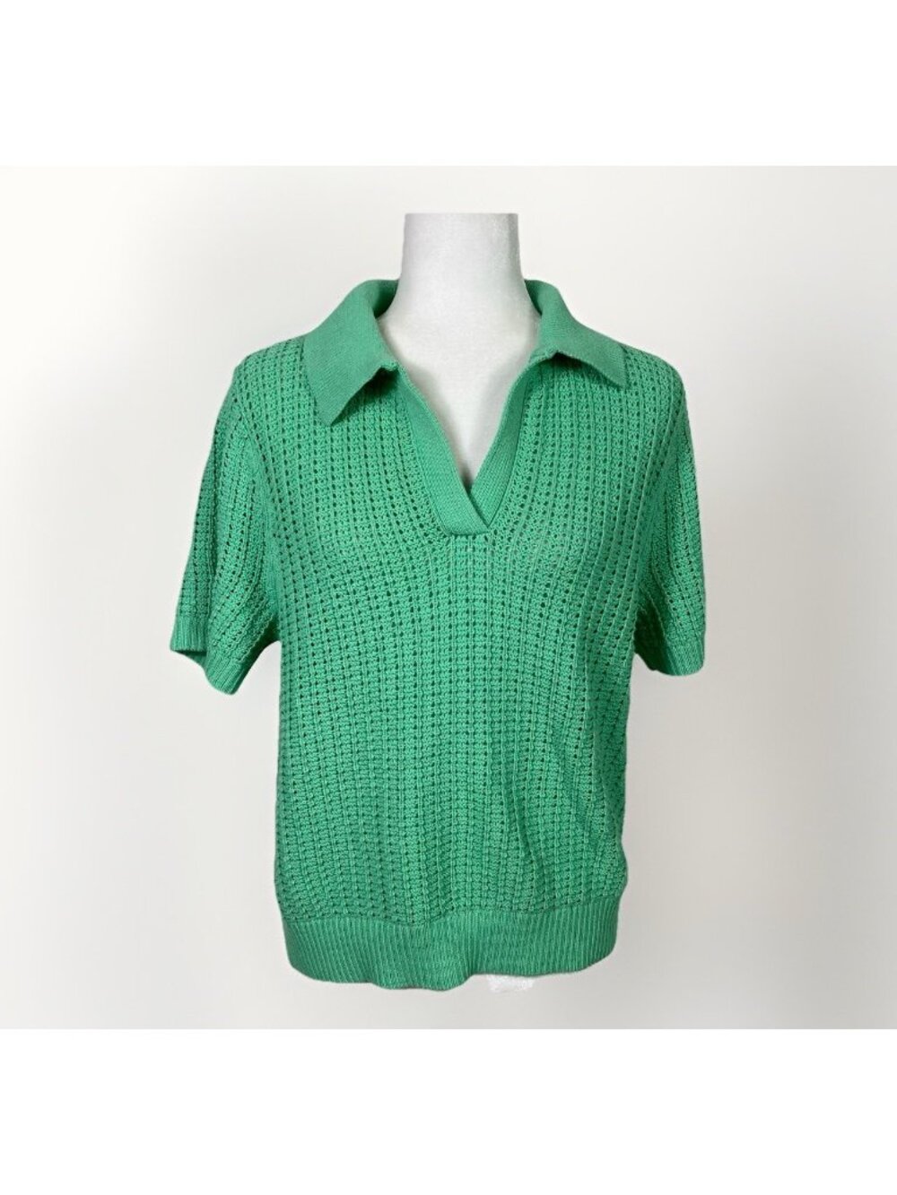 Talbots Size L Pointelle Knit Polo Light Green Sweater Preppy Retro Casual NEW